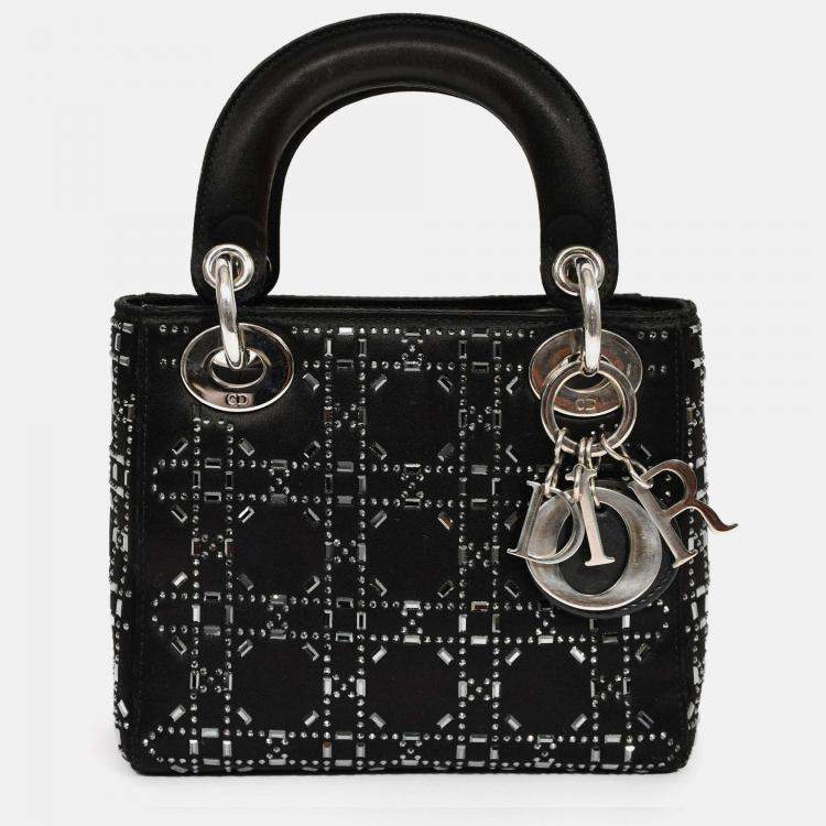 Pre Owned Christian Dior 2019 Black Satin Crystal Embellished Mini Lady Dior with Strap