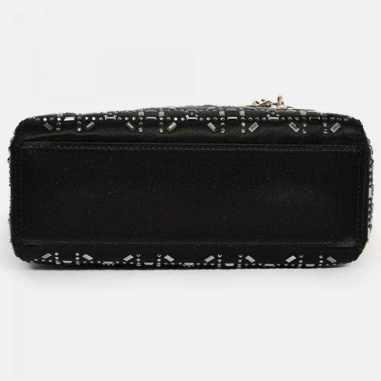 Pre Owned Christian Dior 2019 Black Satin Crystal Embellished Mini Lady Dior with Strap