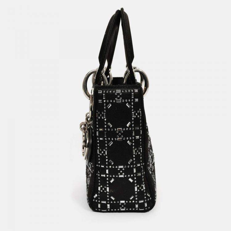 Pre Owned Christian Dior 2019 Black Satin Crystal Embellished Mini Lady Dior with Strap