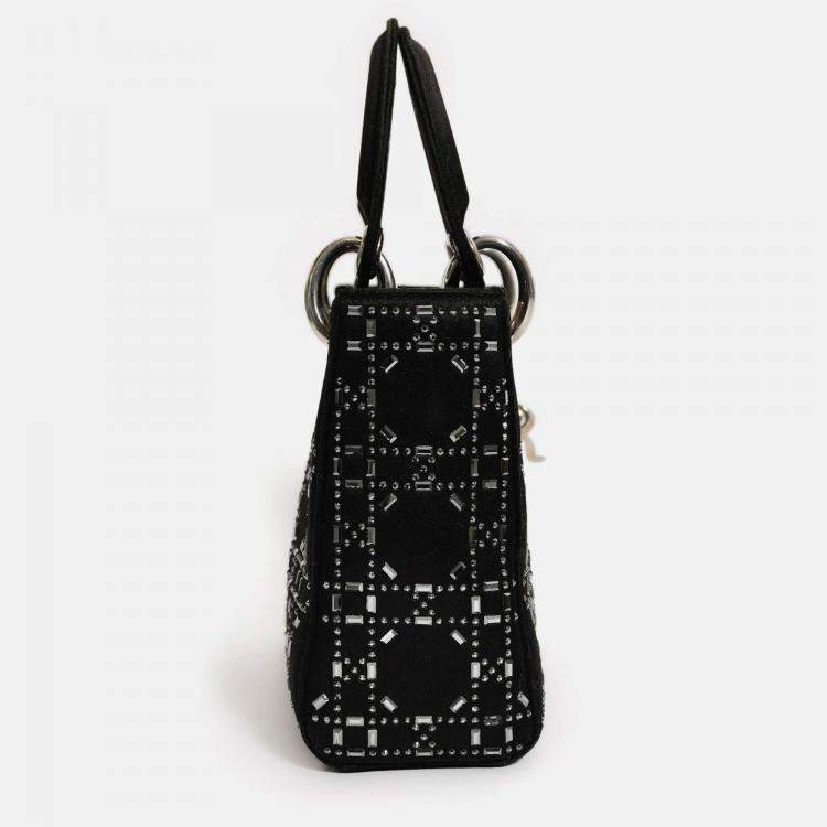 Pre Owned Christian Dior 2019 Black Satin Crystal Embellished Mini Lady Dior with Strap