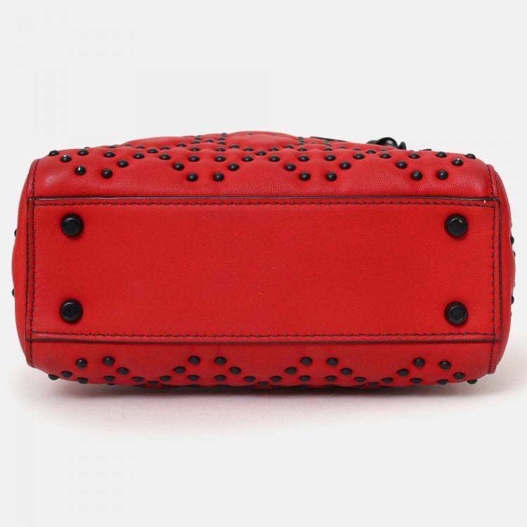 Pre Owned Christian Dior 2018 Red Studded Lambskin Cannage Supple Mini Lady Dior