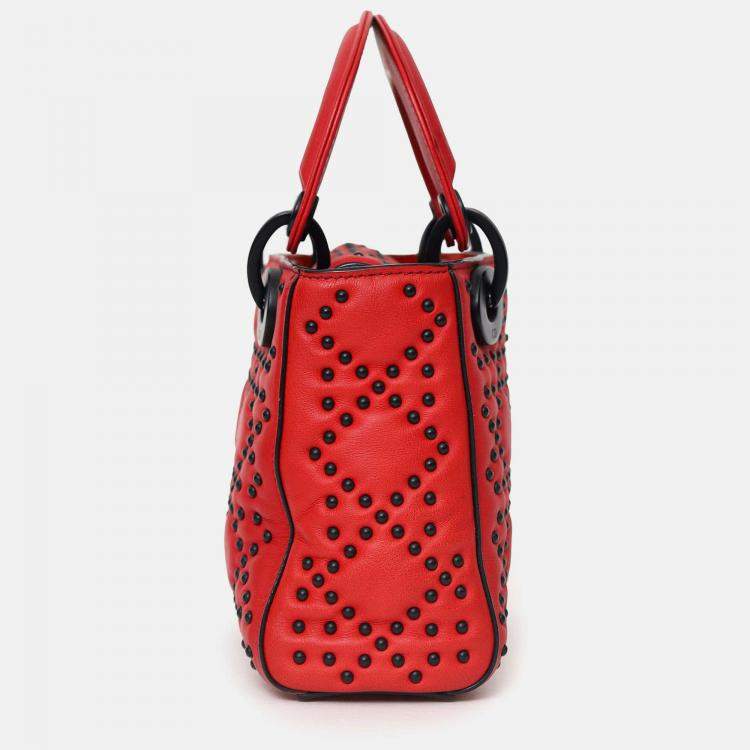 Pre Owned Christian Dior 2018 Red Studded Lambskin Cannage Supple Mini Lady Dior