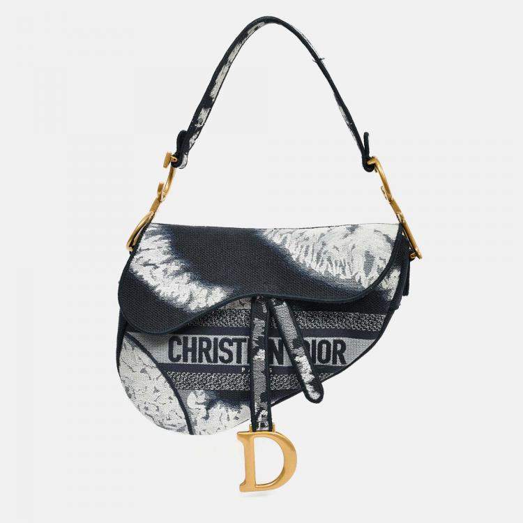 مملوكة مسبقًا Christian Dior 2020 Navy Blue/White Embroidered Jacquard Saddle Bag