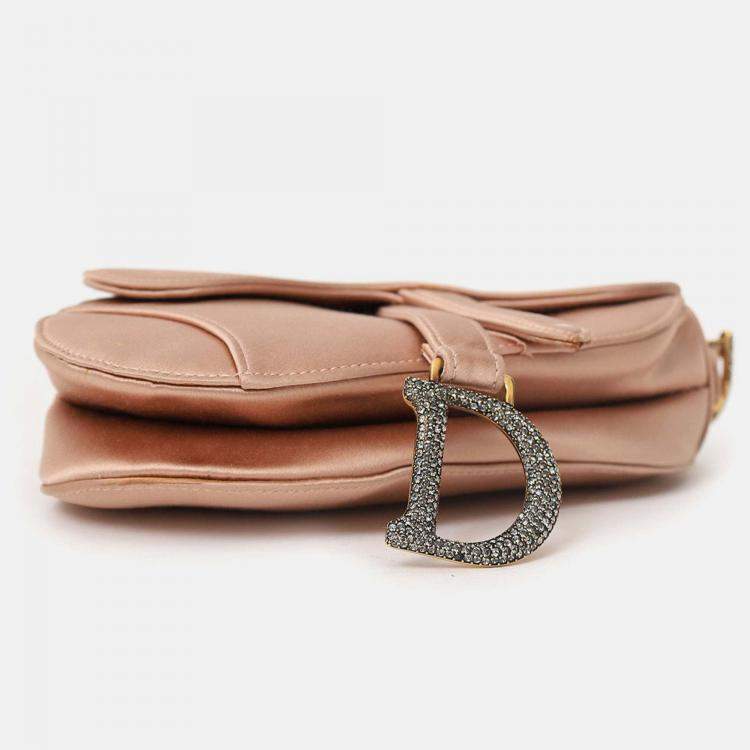 Pre Owned Christian Dior 2019 Pink Satin Crystal Embellished Mini Saddle Bag