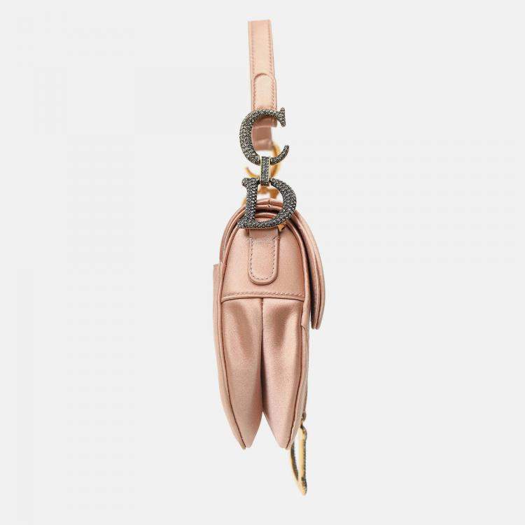 Pre Owned Christian Dior 2019 Pink Satin Crystal Embellished Mini Saddle Bag