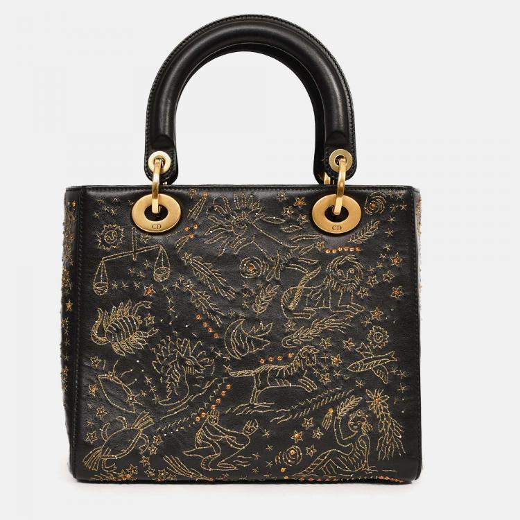 Pre Owned Christian Dior 2017 Black Leather Zodiac Embroidered Medium Lady D-Lite Bag with Strap