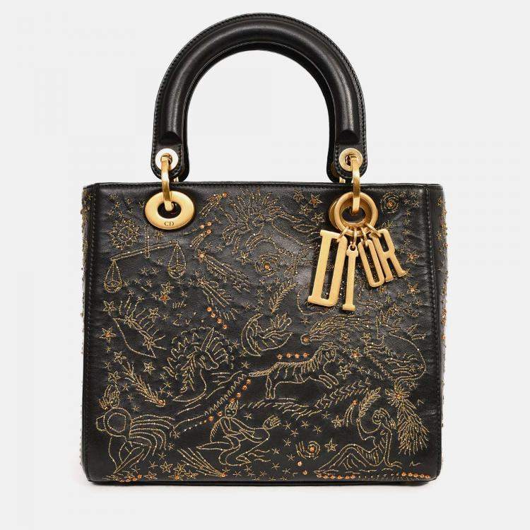 Pre Owned Christian Dior 2017 Black Leather Zodiac Embroidered Medium Lady D-Lite Bag with Strap