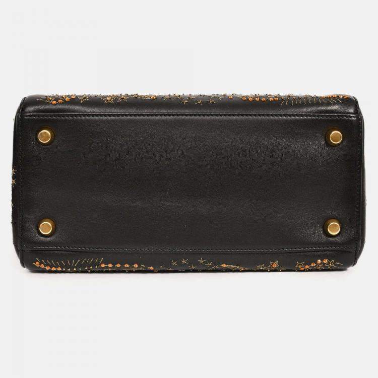 Pre Owned Christian Dior 2017 Black Leather Zodiac Embroidered Medium Lady D-Lite Bag with Strap