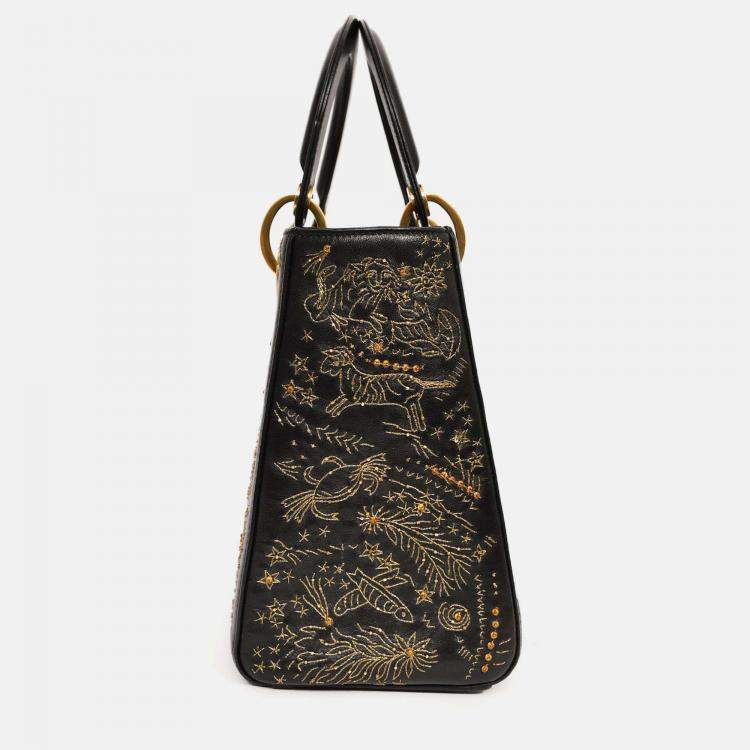 Pre Owned Christian Dior 2017 Black Leather Zodiac Embroidered Medium Lady D-Lite Bag with Strap