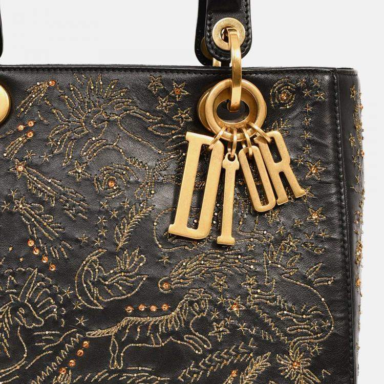 Pre Owned Christian Dior 2017 Black Leather Zodiac Embroidered Medium Lady D-Lite Bag with Strap