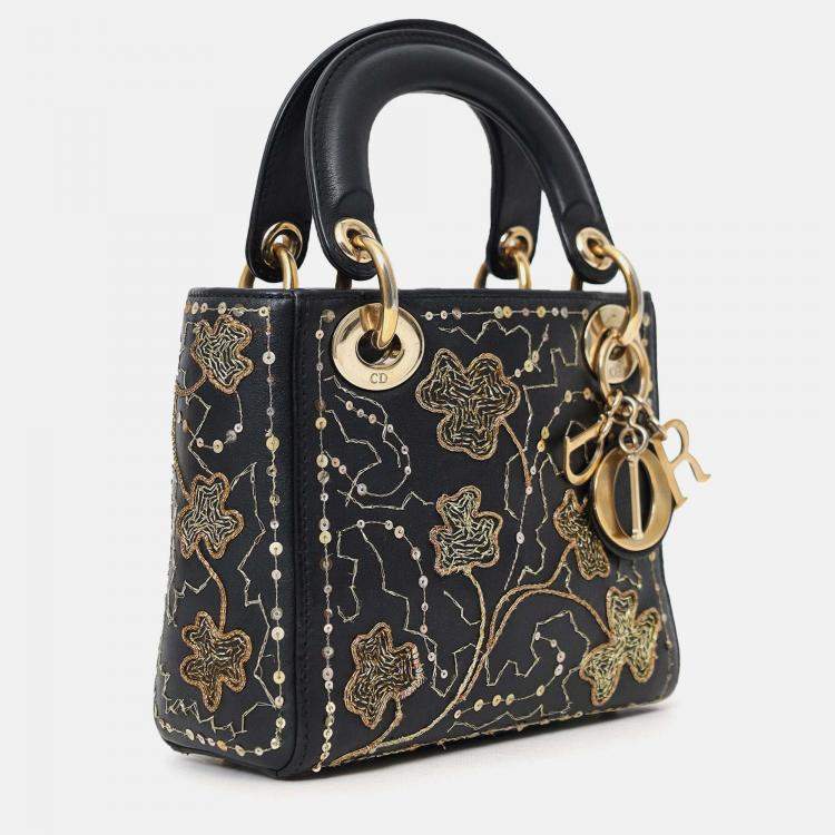 Pre Owned Christian Dior 2018 Black Leather Gold 'Clovers' Embroidered Mini Lady Dior