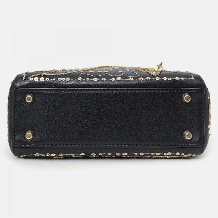 Pre Owned Christian Dior 2018 Black Leather Gold 'Clovers' Embroidered Mini Lady Dior