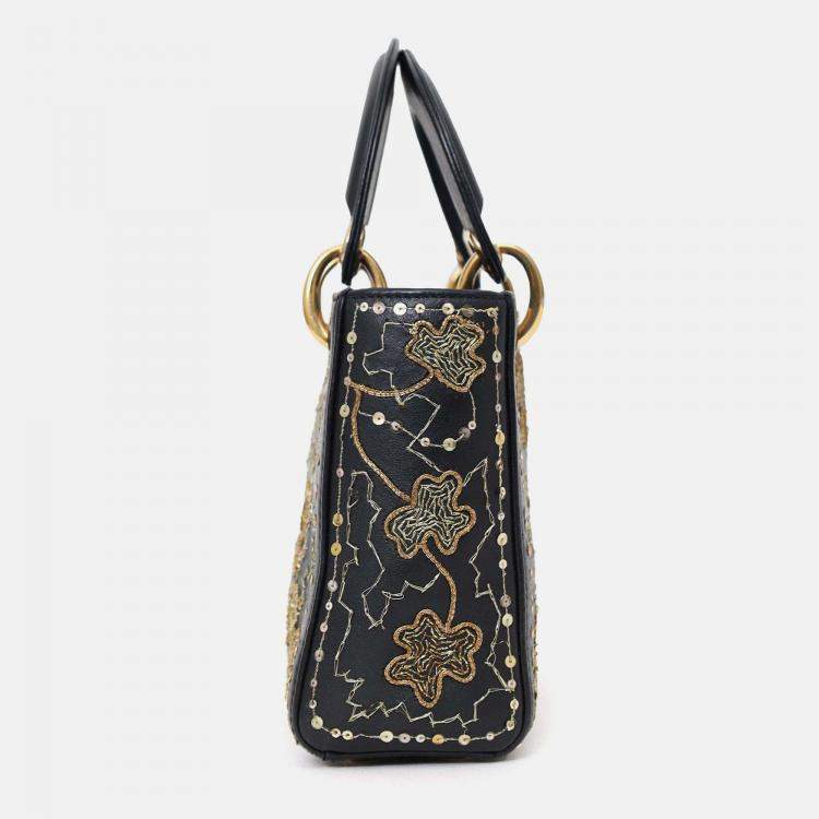 Pre Owned Christian Dior 2018 Black Leather Gold 'Clovers' Embroidered Mini Lady Dior
