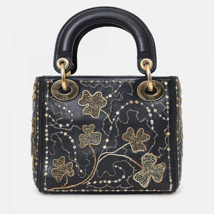 Pre Owned Christian Dior 2018 Black Leather Gold 'Clovers' Embroidered Mini Lady Dior