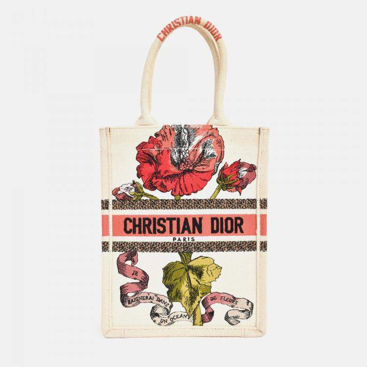 Pre Owned Christian Dior 2020 Cream 'Fleurs Bibliques' Canvas Vertical Mini Book Tote