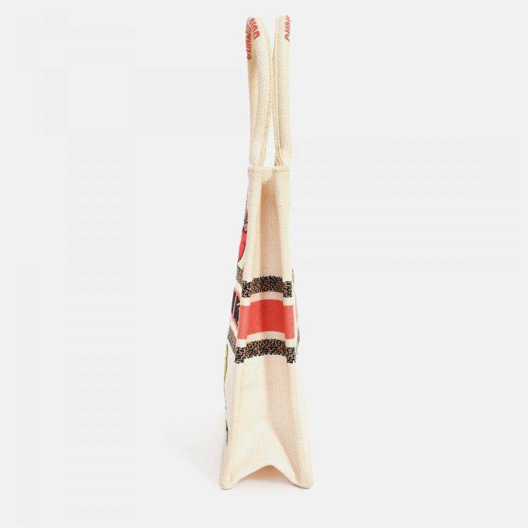 Pre Owned Christian Dior 2020 Cream 'Fleurs Bibliques' Canvas Vertical Mini Book Tote