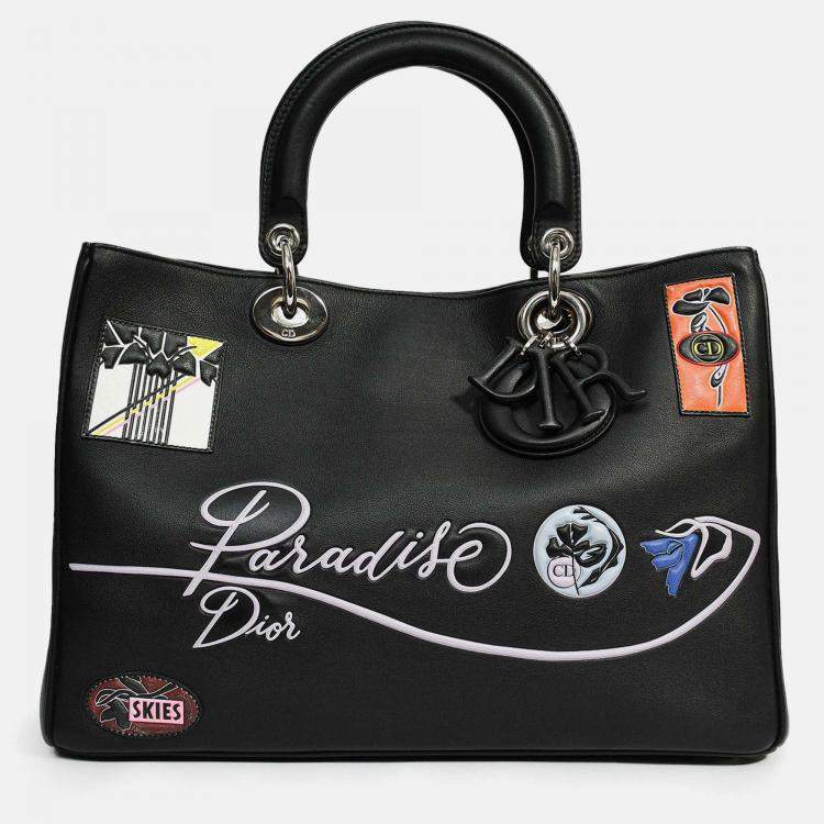 Pre Owned Christian Dior 2015 Black Leather 'Paradise' Diorissimo Medium Top Handle Bag
