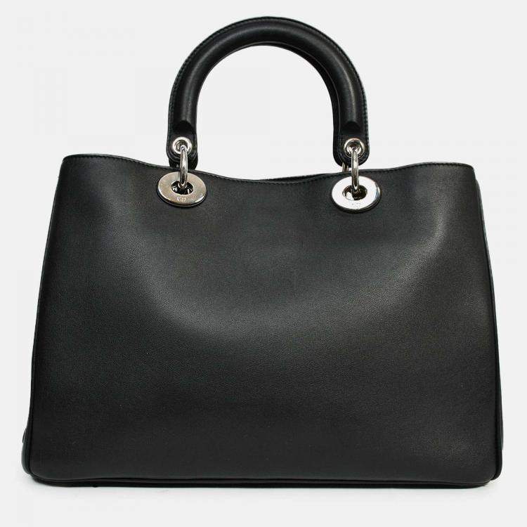 Pre Owned Christian Dior 2015 Black Leather 'Paradise' Diorissimo Medium Top Handle Bag
