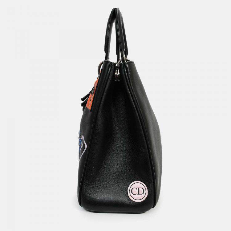 Pre Owned Christian Dior 2015 Black Leather 'Paradise' Diorissimo Medium Top Handle Bag