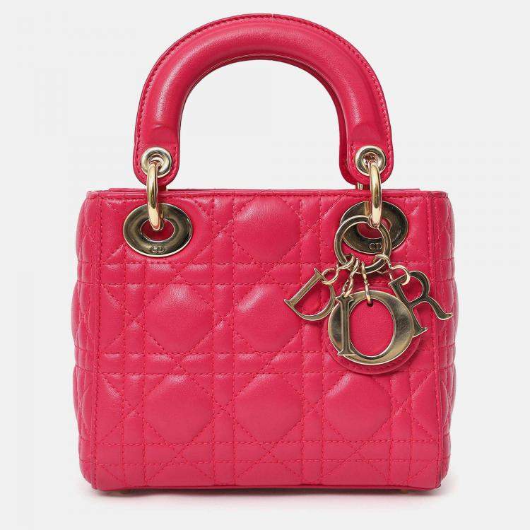 Pre Owned Christian Dior 2016 Pink Cannage Leather Mini Lady Dior With Strap