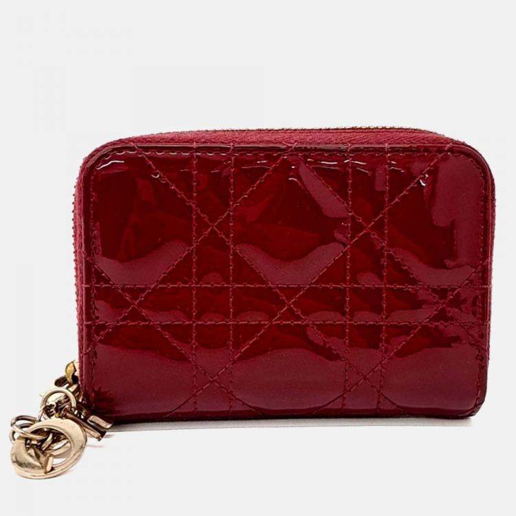 Pre Owned Dior Red Patent Leather Patent Cannage Card Holder