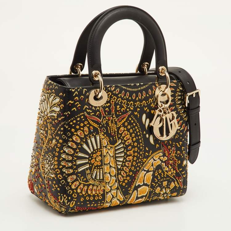 Pre Owned Dior Lady Dior Medium Black Leather Animals Embroidered Tote