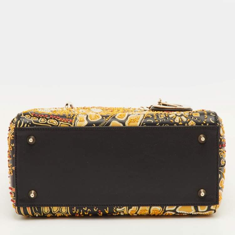 Pre Owned Dior Lady Dior Medium Black Leather Animals Embroidered Tote