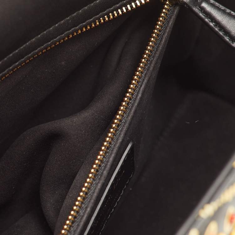 Pre Owned Dior Lady Dior Medium Black Leather Animals Embroidered Tote