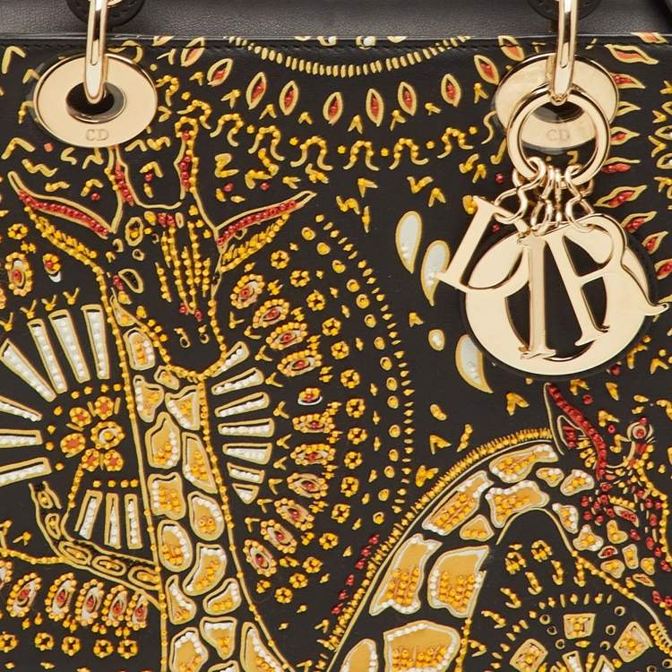 Pre Owned Dior Lady Dior Medium Black Leather Animals Embroidered Tote