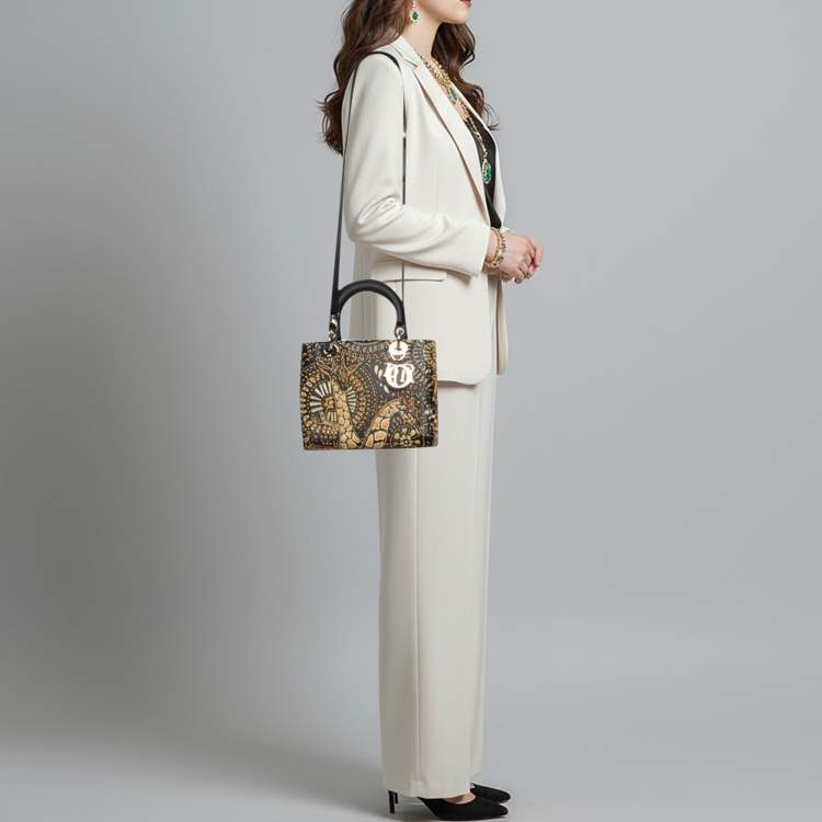 Pre Owned Dior Lady Dior Medium Black Leather Animals Embroidered Tote