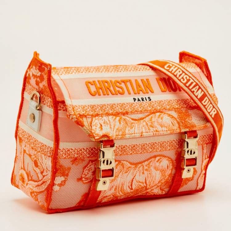 Pre Owned Dior Diorcamp Small Neon Orange/White Canvas Shoulder Bag