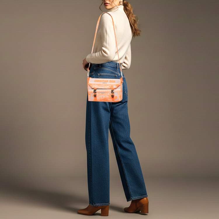 Pre Owned Dior Diorcamp Small Neon Orange/White Canvas Shoulder Bag