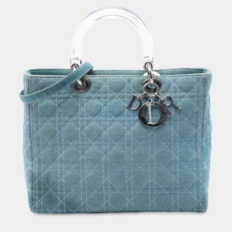 Pre Owned Dior Blue Large Denim Cannage Acrylic Handles Lady Dior