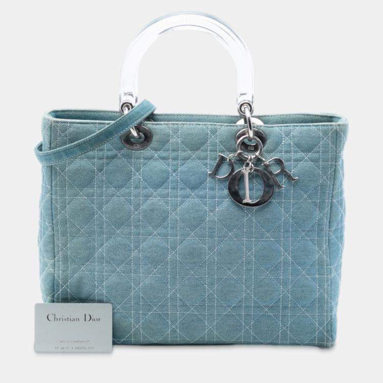 Pre Owned Dior Blue Large Denim Cannage Acrylic Handles Lady Dior