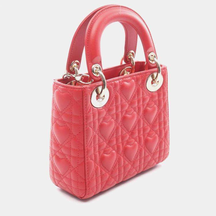Pre Owned Christian Dior Dior Lady Mini Heart Cannage Handbag  Leather  Red