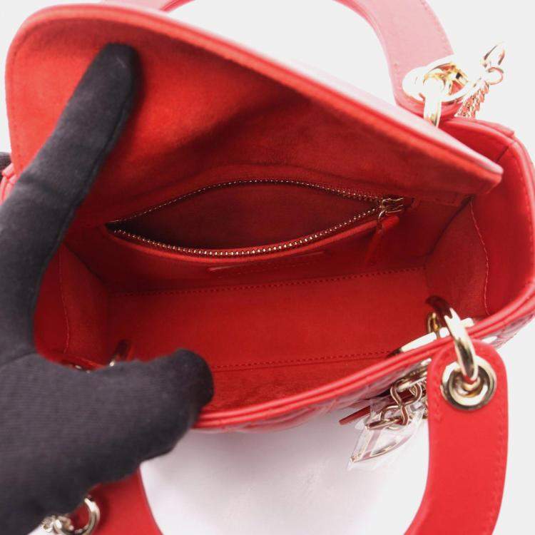 Pre Owned Christian Dior Dior Lady Mini Heart Cannage Handbag  Leather  Red