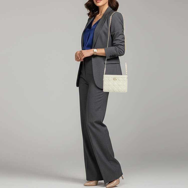 Pre Owned Dior Caro Every Dior Off White Cannage Leather Pouch