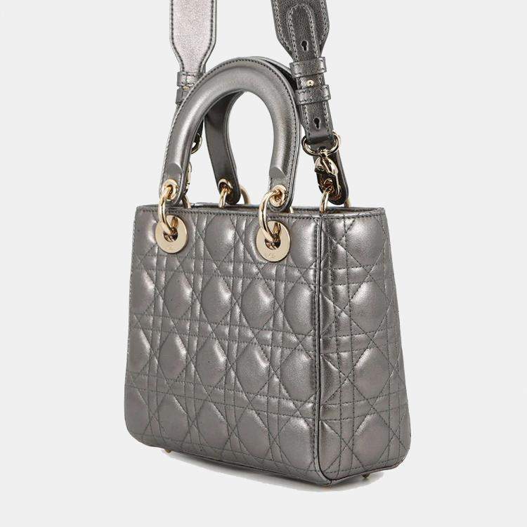Pre Owned Dior My ABCDior Lady Dior Cannage Small Metallic Gray Lambskin Leather Top Handle Bag