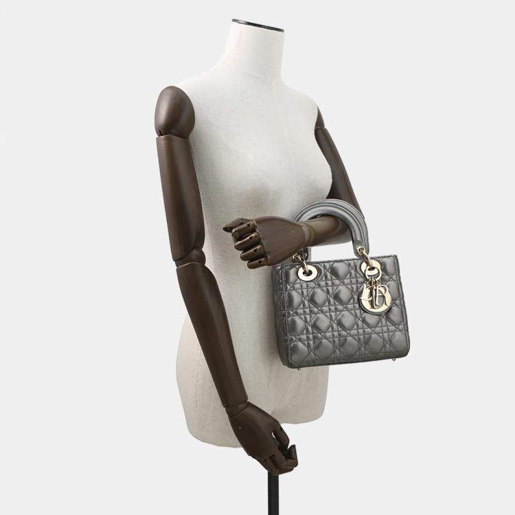 Pre Owned Dior My ABCDior Lady Dior Cannage Small Metallic Gray Lambskin Leather Top Handle Bag