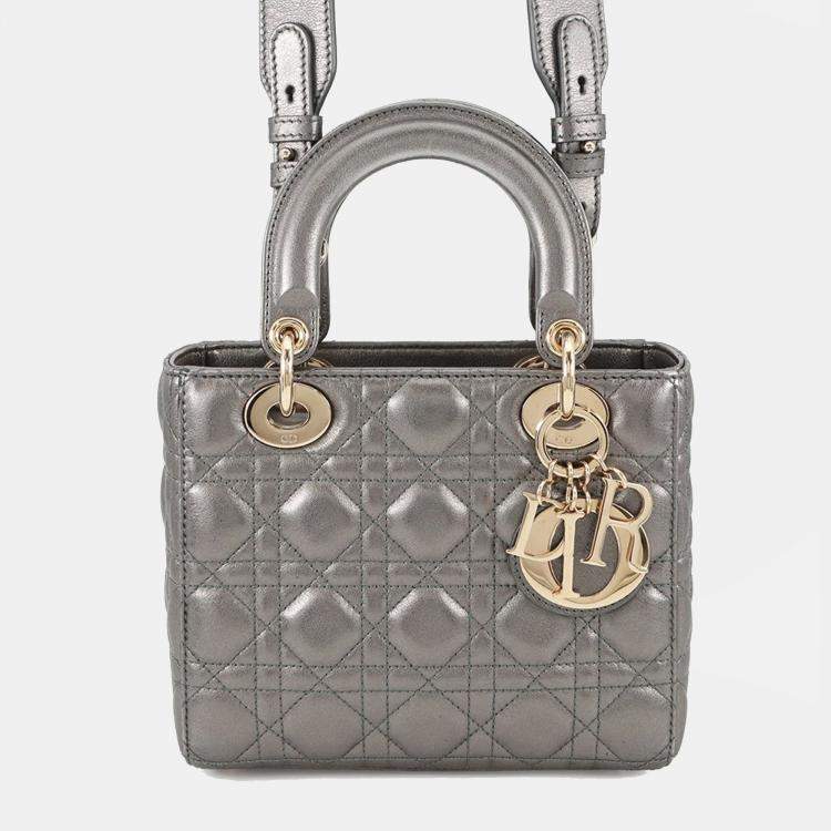 Pre Owned Dior My ABCDior Lady Dior Cannage Small Metallic Gray Lambskin Leather Top Handle Bag