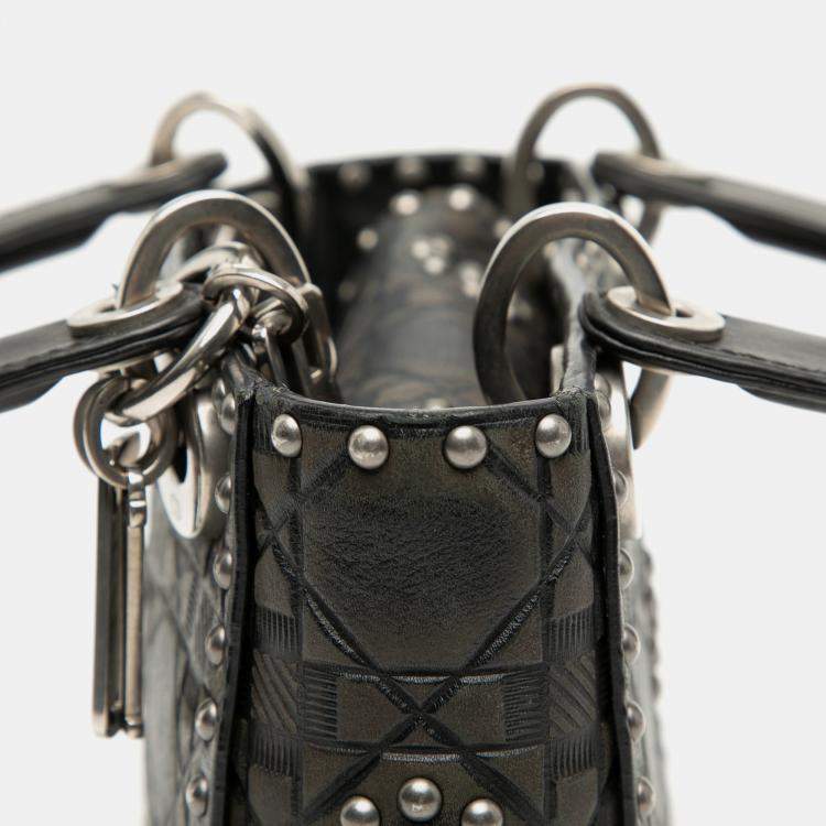 Pre Owned Dior Black Mini Calfskin Cannage Studded Flower Lady Dior