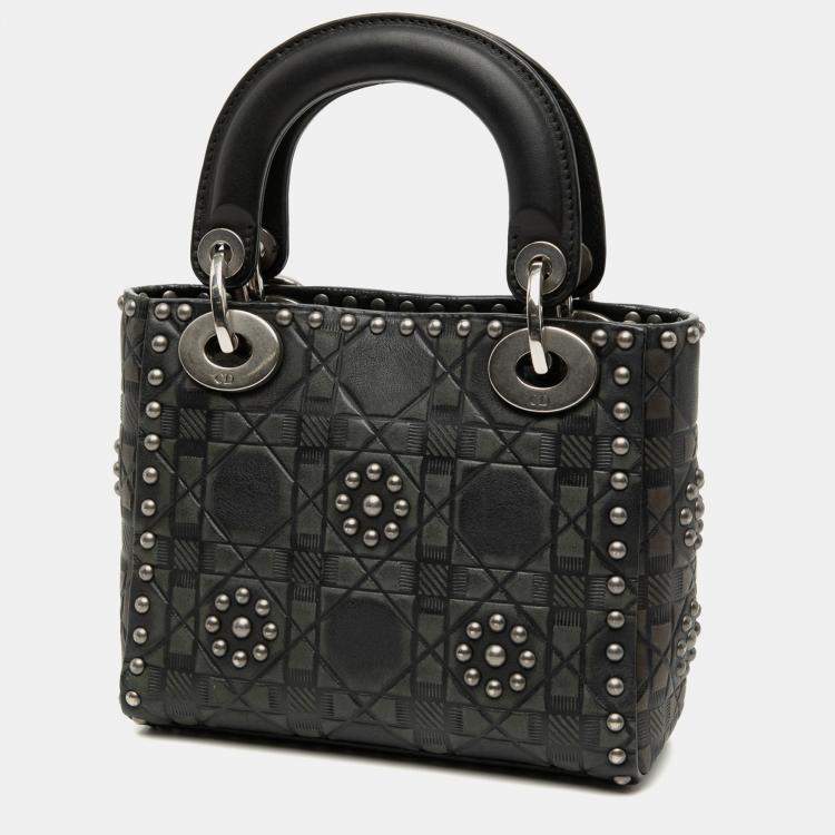 Pre Owned Dior Black Mini Calfskin Cannage Studded Flower Lady Dior