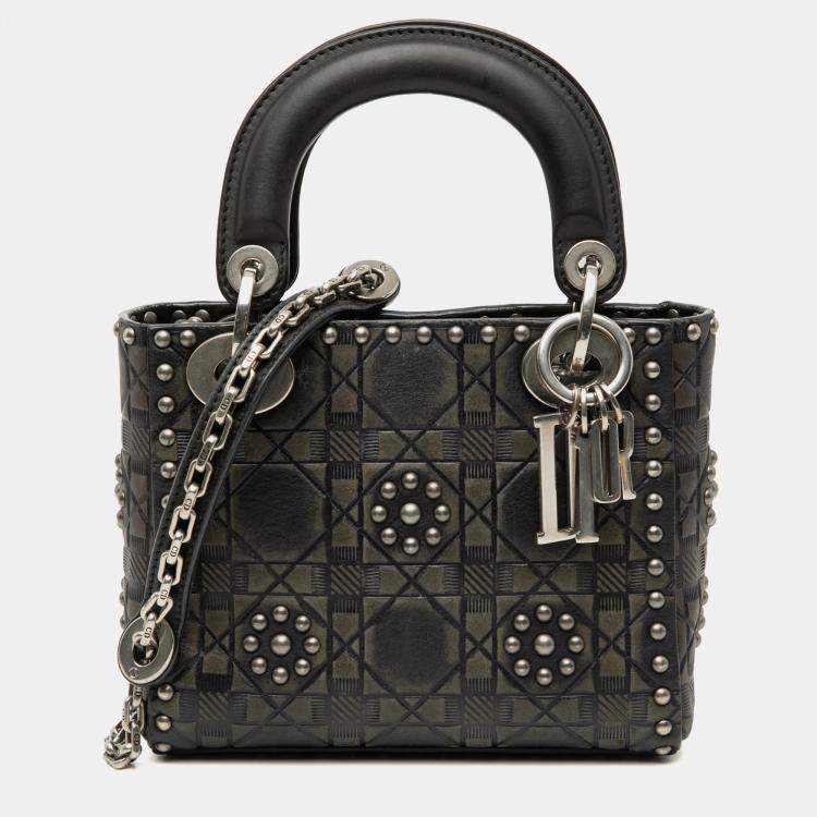 Pre Owned Dior Black Mini Calfskin Cannage Studded Flower Lady Dior