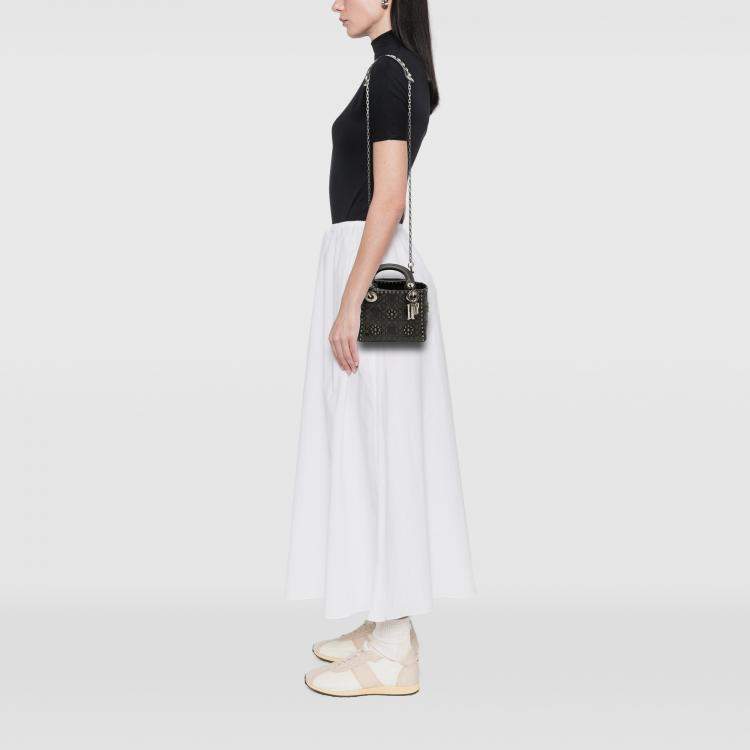 Pre Owned Dior Black Mini Calfskin Cannage Studded Flower Lady Dior