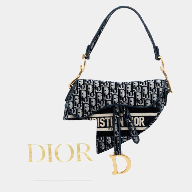 Pre Owned Dior Blue Oblique Embroidered Velvet Saddle Bag