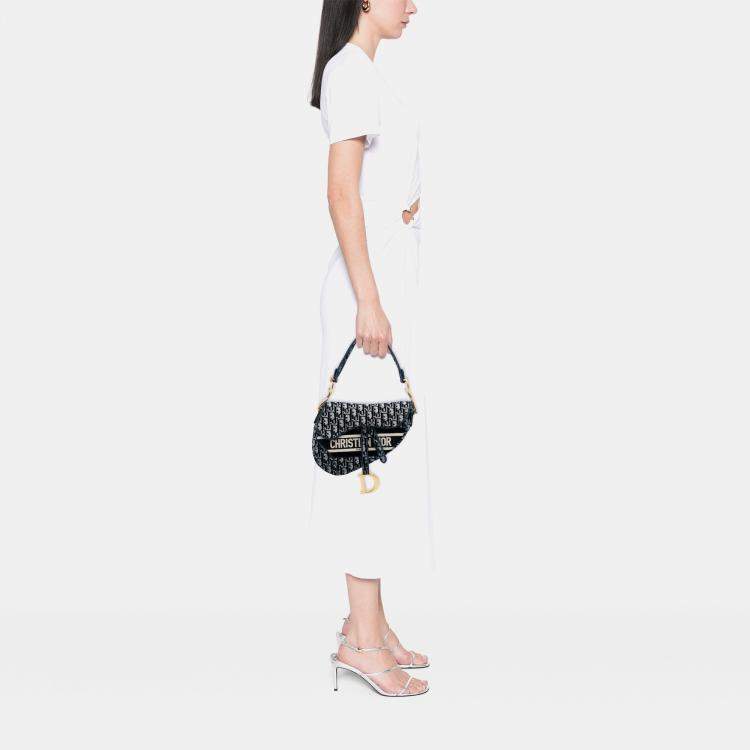 Pre Owned Dior Blue Oblique Embroidered Velvet Saddle Bag