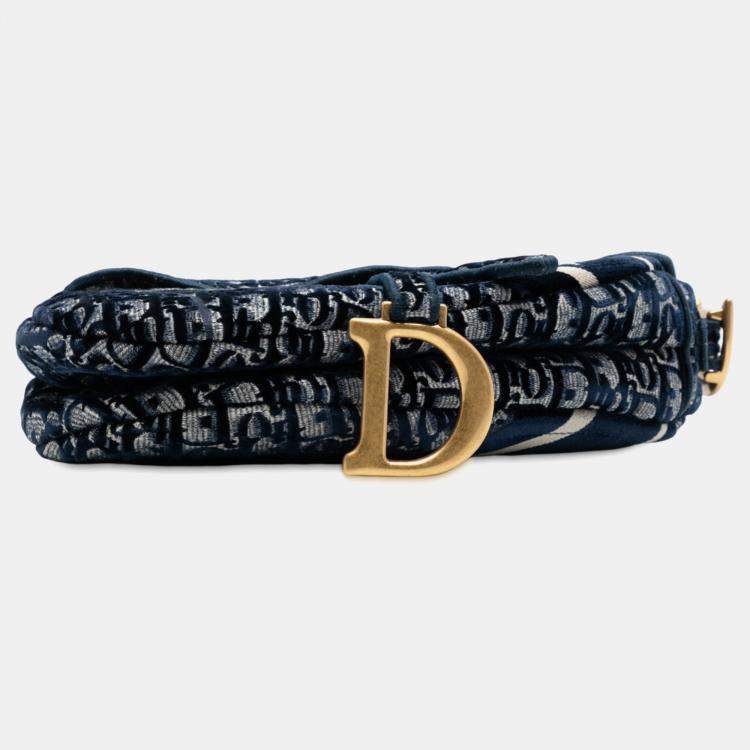 Pre Owned Dior Blue Oblique Embroidered Velvet Saddle Bag