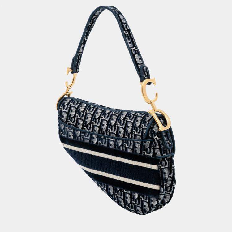 Pre Owned Dior Blue Oblique Embroidered Velvet Saddle Bag