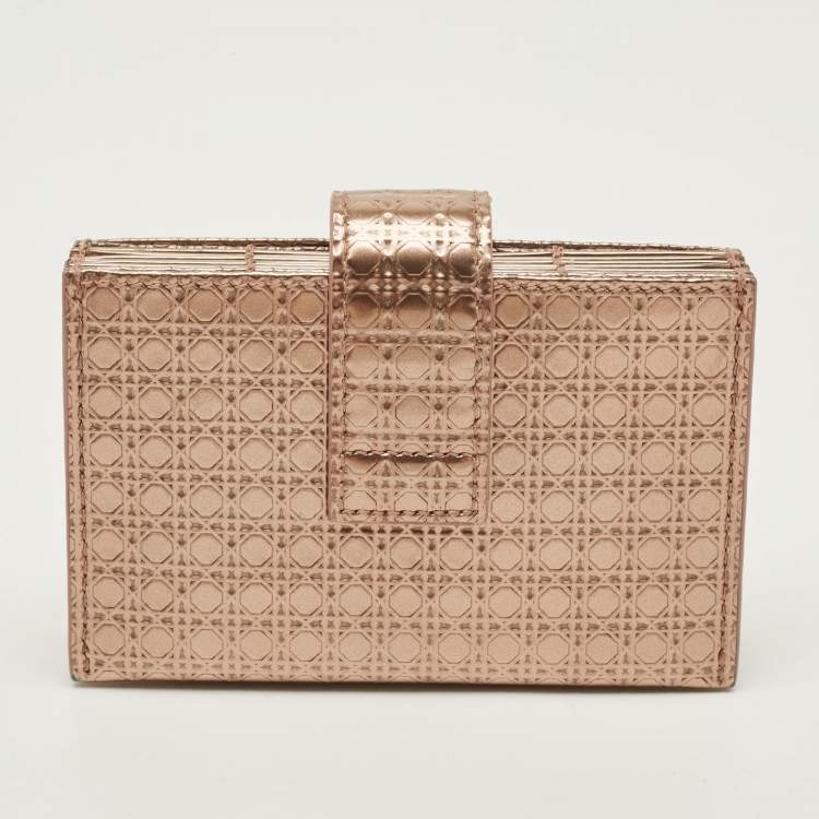 Pre Owned Dior Lady Dior 5 Gusset Rose Gold Microcannage Patent Leather Card Holder