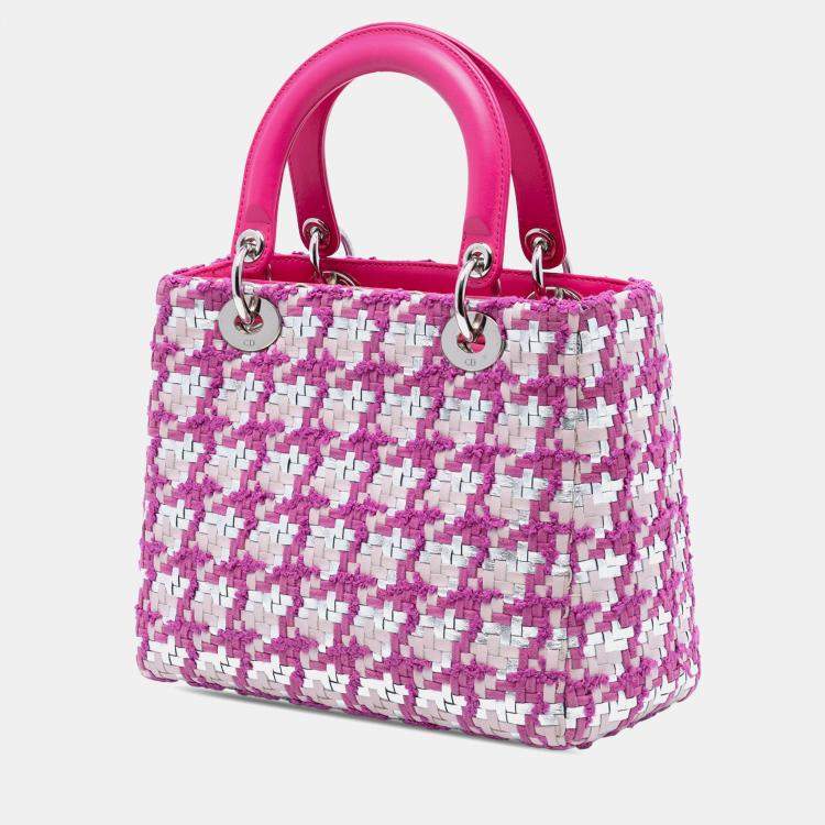 Pre Owned Dior Pink Silver Medium Lambskin And Tweed Lady Dior